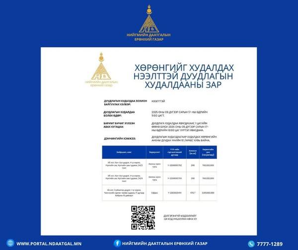 НИЙГМИЙН ДААТГАЛЫН ЕРӨНХИЙ ГАЗРААС ХӨРӨНГИЙГ ХУДАЛДАХ НЭЭЛТТЭЙ ДУУДЛАГЫН ХУДАЛДААНЫ ЗАР